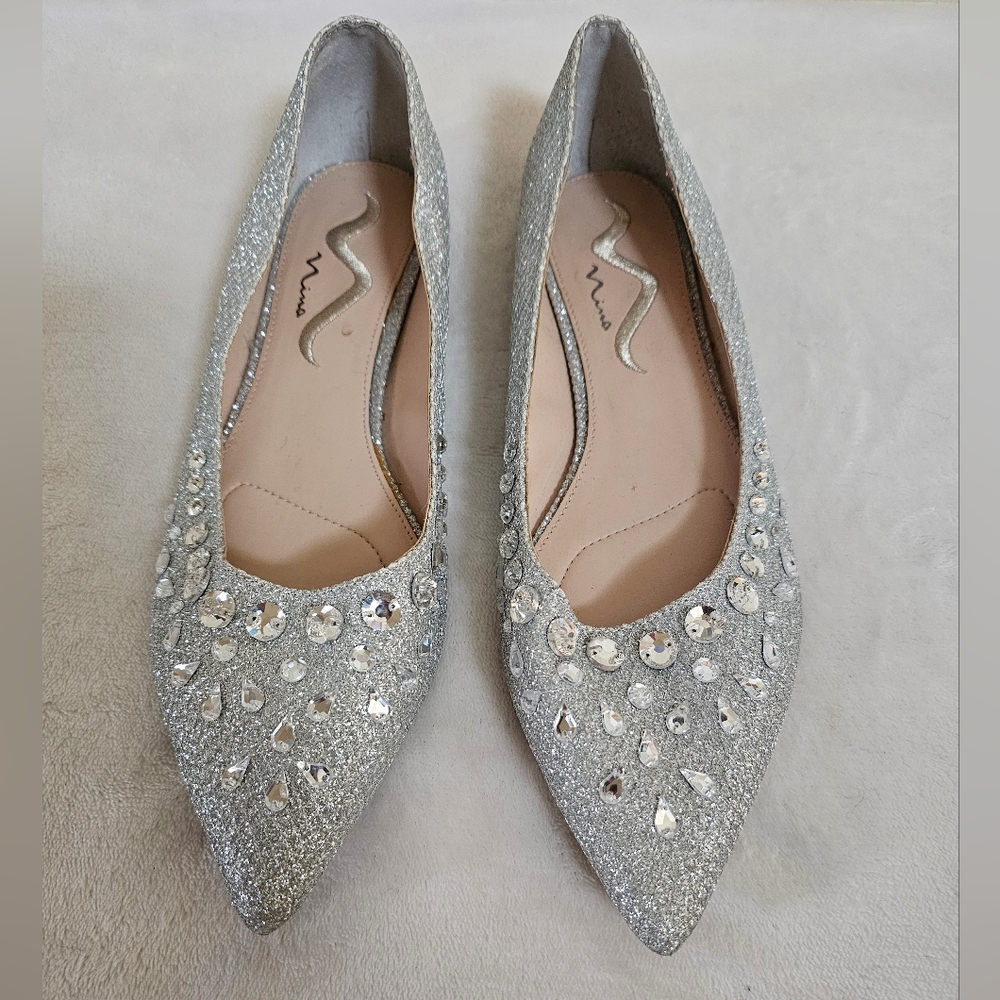 Nina Bianca Silver Sparkle Dress FLats Shoes Size 9.5